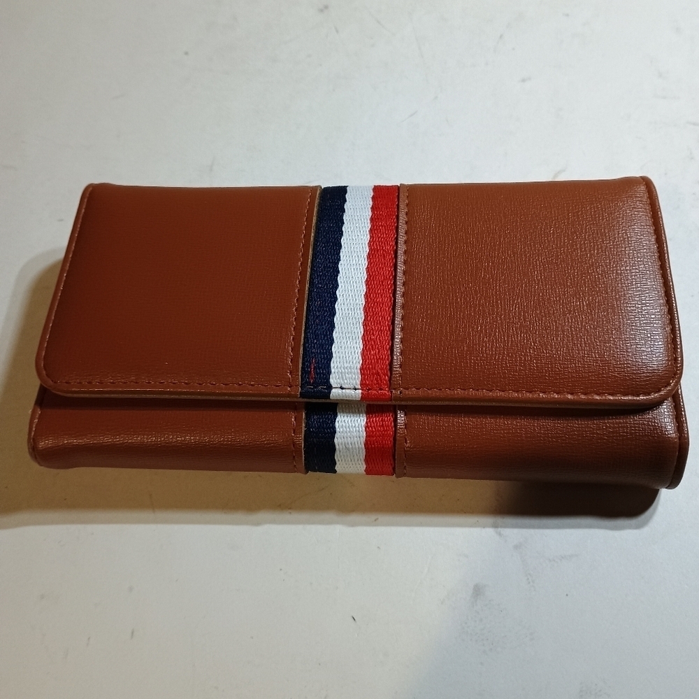 Brown Wallet with Blue White Red Stripe Detail Magnet Closer. Syn Leather.